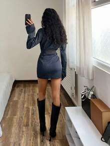 StreetHx Streetwear Women's Punk Black & White Striped Fitted Long Sleeve Dress, Autumn/Winter