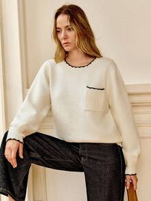 Écloséra 法式复古风，简约、优雅、百搭、时尚、别致，适合秋冬季节，白色毛衣，感恩节、圣诞节、新年黑色滚边圆领长袖口袋拼接宽松女式毛衣