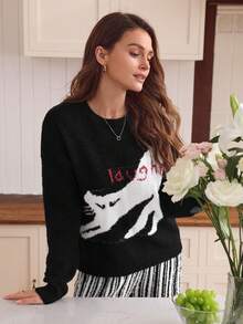 Louniche 时尚复古单肩女士秋冬睡衣套装，针织猫咪上衣和条纹针织裤 - 黑與白 - 查看 5