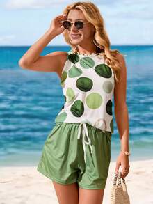 Sylviya Bộ 2 áo thun cổ tròn không tay chấm bi màu tương phản dành cho nữ và áo phông tay ngắn, phù hợp cho mùa hè - Nhiều màu - Xem 5