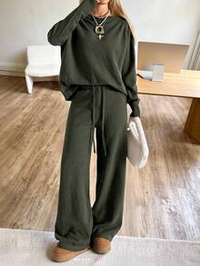 CovetEZ Women's Casual Daily Solid Color Oblique Shoulder Loose Knit Sweater And Pants Set, Autumn/Winter Two Piece Set Women Comfy Two Piece Lounge Set 2 Piece Casual Sets Woman Green 2 Piece Set Comfortable Two Piece Set,Fall,Fall Clothes For Women - Olive Green - View 4
