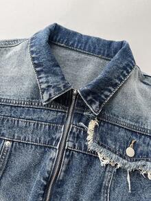 Mori Grove Mori Grove Women's Casual Washed Raw Trim Cropped Denim Jacket, Autumn - Blue - View 5
