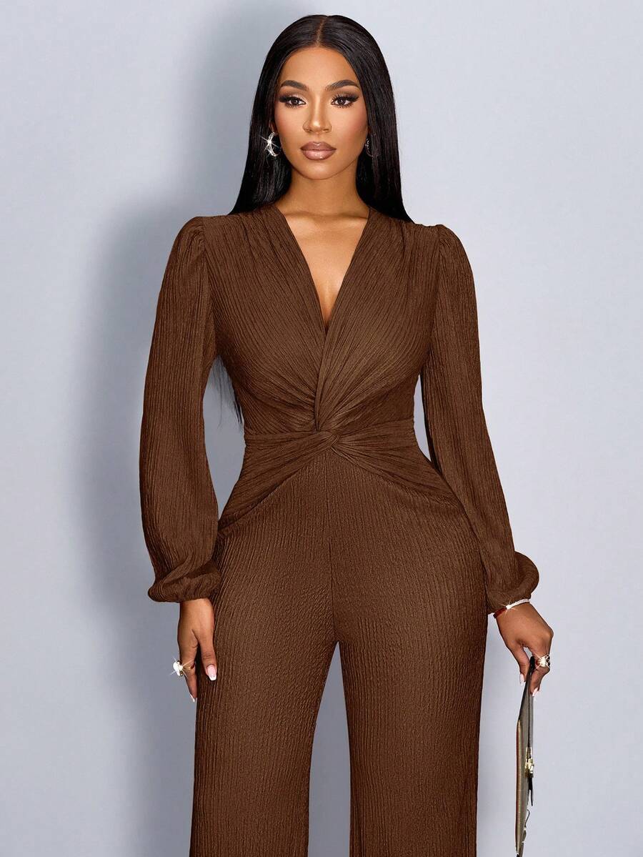Twist Knotted Deep V-Neck Long Sleeve Jumpsuit - Coffee Brown - View 1