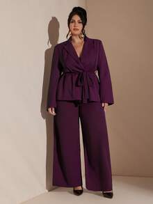 SHEIN BAE Conjunto de traje casual y elegante de manga larga con cruce envolvente para mujer de talla grande