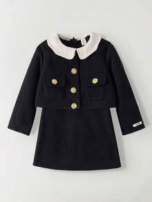 Maija Kids 女童黑色双面外套和撞色领连衣裙休闲两件套 - 黑色 - 查看 7