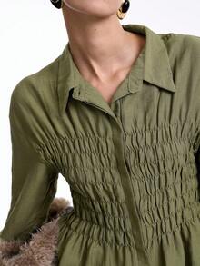 Aalyst Áo kiểu Pháp thanh lịch sang trọng thường ngày đi làm đi chơi văn phòng phong cách cổ điển màu trơn vải lanh xương cá cổ áo sơ mi có dây rút eo dáng chữ A tay dài, phù hợp cho mùa xuân, mùa thu và mùa đông - xanh quân đội - Xem 7