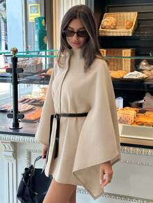 Aloruh Women's Elegant High Collar Batwing Sleeve Cinched Waist Waist Wool Blend Coat In Fall/Winter,Women's Winter Clothes - Apricot - View 6