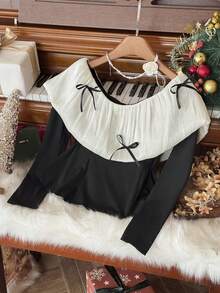 SHEIN Women's Elegant Color Block Bow Decor Long Sleeve Top, Autumn, Christmas - Black and White - View 3