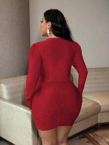 SHEIN LUNE Đầm ôm sát cổ cao, thắt eo, dáng ngắn dự tiệc dành cho nữ cỡ lớn, thích hợp cho mùa thu/đông. - Đỏ - Xem 2