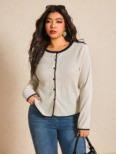 Elaquor 女士大码法式休闲上衣，撞色镶边长袖开衫T恤，休闲女装，撞色镶边T恤，外出服装，春秋女装，新款时尚纹理面料上衣