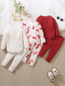 SHEIN Playful Pals 3 件套幼儿休闲长袖可爱甜美条纹针织面料舒适柔软 T 恤上衣搭配修身裤，印花图案设计，买 1 套送 2 套，适合旅行、家居或户外穿着，适合春、夏、秋、冬 - 彩色 - 查看 2