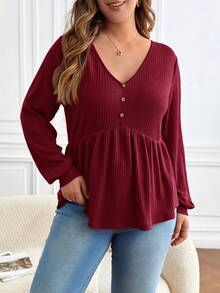 SHEIN Frenchy Áo thun nữ tay dài cổ chữ V hở vai, viền bèo nhún cỡ lớn - Màu Hoa hồng đỏ - Xem 6