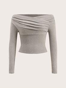 Aloruh 女士休闲优雅露肩修身长袖T恤，适合秋冬季，拉绒 - 杏色 - 查看 4