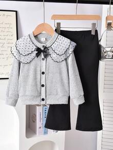 Elladie kids 2pcs Little Girl Cottagecore Sweet Campus Daily Autumn Lace Collar Bow Knit Cardigan Flare Pants Outfit Set - Multicolor - View 4