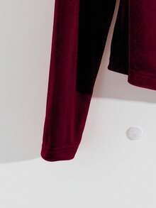 GlowEve 女士优雅纯色天鹅绒长袖T恤，秋冬 - 酒紅色 - 查看 5