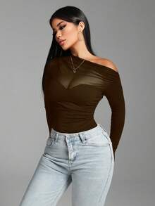 Zolique Sexy Black Asymmetric Shoulder Mesh Patchwork Ruched Bodysuit For Women - Coffee Brown - View 4