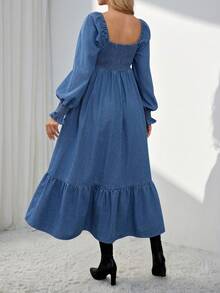 SHEIN 孕妇装 秋季 秋季 冬季 万圣节 圣诞节 新年 感恩节 通勤 度假 Y2k 可爱生日装 机场装 派对 方领插肩袖荷叶边下摆时尚牛仔连衣裙 别致女式长袖牛仔孕妇装，搭配方领褶皱紧身胸衣和荷叶边装饰 - 藍色 - 查看 2