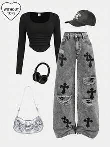 Girlism Teen Girl Y2k Cross Pattern Gray Distressed Loose Fit Jeans,Fall,Winter,Casual And Fashionable Vacation,Street Wear,2000s Style,Halloween Denim Jeans,Christmas, Denim Baggy, Loose Jeans - Light Grey - View 1