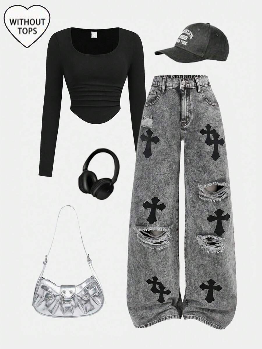 Girlism Teen Girl Y2k Cross Pattern Gray Distressed Loose Fit Jeans,Fall,Winter,Casual And Fashionable Vacation,Street Wear,2000s Style,Halloween Denim Jeans,Christmas, Denim Baggy, Loose Jeans - Light Grey - View 1