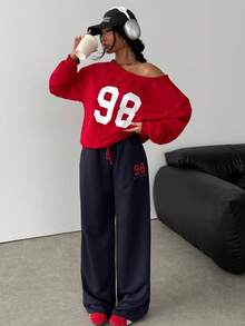 SHEIN 2 Stücke/Set Teenager Mädchen Rot Kontrast Farbe Off-Shoulder Loose Sweatshirt Top mit Nummer Muster & Relaxed Fit Jogginghose, Lässig Campus Streetwear Loungewear