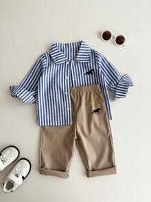 SHEIN 2pcs Baby Boy British Style Striped Collar Button-Up Polo Print Thick Shirt & Casual Trousers Suit, Thermal Lined, Suitable For Winter - Multicolor - View 4