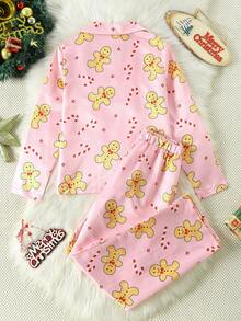 Christmas Family Matching,Girls Gingerbread Christmas Pajama Set, Long Sleeve Top And Pants, Cute Holiday Loungewear, Autumn/Winter Christmas Pajamas ,Tween Girl Pajamas Fall&Winter Clothings - Pink - View 2