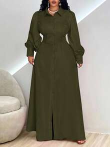 Veslaya 優雅軍綠色女款大尺碼 Najma 秋季洋裝，燈籠袖長版生日禮服，橄欖綠秋冬新款服飾 - 軍綠色 - 查看 10