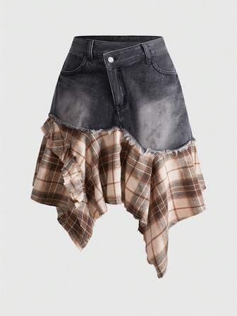 Grunge Punk Jupe en jean mini asymétrique pour femmes, style romantique punk, patchwork en jean et tartan collegiate