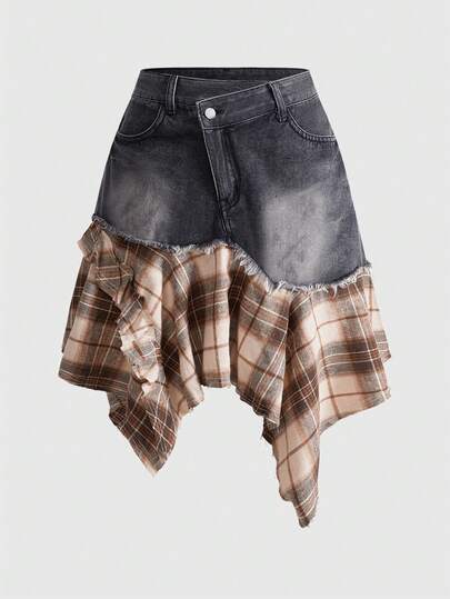 Grunge Punk Romantic Punk, Collegiate Denim Patchwork Plaid Asymmetrical Hem Women Denim Mini Skirt
