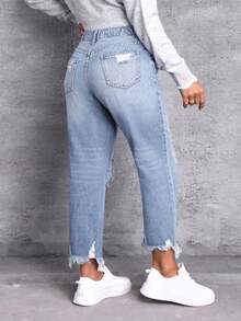 SHEIN Essnce Damen Jeans in Große Größen, lässiger Stil mit Abrieb und roher Kante, Skinny Fit, hellblau - Helle Waschung - Übersicht 2