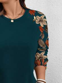 EMERY ROSE Casual Minimalist Navy Blue Vintage Maple Leaf & Floral Print Plus Size Sweatshirt, Autumn/Winter - Multicolor - View 6
