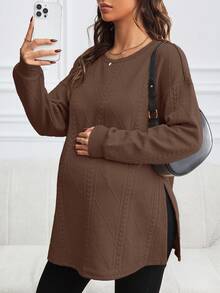 SHEIN 孕妇圆领长袖休闲运动衫，侧开衩下摆，秋冬 - 棕色 - 查看 3