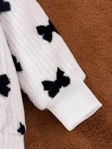 Elladie kids 女童可爱黑色蝴蝶结条纹毛绒时尚舒适秋冬连帽长袖外套，儿童舒适百搭开衫 - 米色 - 查看 5