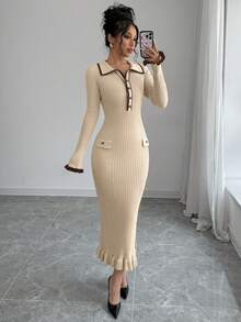 Elenzga 女式优雅喇叭袖修身撞色针织连衣裙 - 淡黃色 - 查看 3