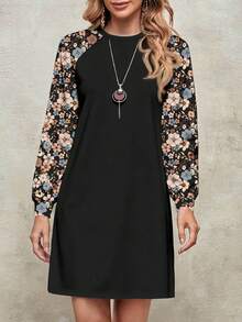 EMERY ROSE 休闲简约风格黑色撞色插肩袖满版碎花女式短裙，百搭秋冬 - 彩色 - 查看 6