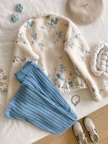 2pcs Girls Casual Autumn/Winter Set, Half-Zip High Neck Sherpa Embroidered Sweatshirt + Elastic Waist Knit Flare Pants - White - View 6