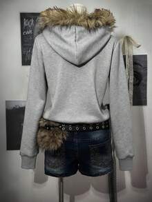 Attitoon Áo khoác nỉ nữ dáng rộng, khóa kéo, lót lông, cổ lông, họa tiết hoa nhạt màu xám, kiểu dáng cổ điển, thích hợp cho mùa thu/đông. - Màu Xám nhạt - Xem 2