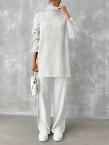 EURMUSE Turtleneck Drop Shoulder Split Hem Sweater & Knit Pants - White - View 5