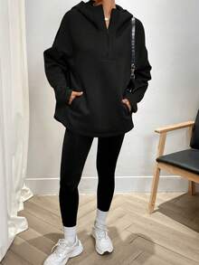 INAWLY Women's Solid Color Hooded Half-Zip Casual Sweatshirt