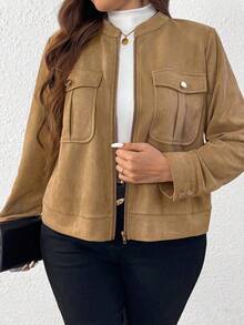 SHEIN Tall Damen Jacke in Große Größen, lässig, locker, mit Brusttasche, Stehkragen, Reißverschluss, Langarm, für Herbst/Winter