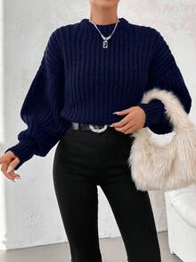 EURMUSE Autumn/Winter Casual Versatile Solid Color Drop Shoulder Sweater - Navy Blue - View 4