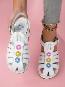 Sandalia para niña con flores multicolor, punta redonda, tiras transpirables, suela plana, estilo dulce para uso diario y casual - Blanco - Ver 1