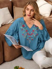 Rosumi Plus Size V-Neck Dropped Shoulder Lantern Sleeve Elegant Embroidered Blouse, Autumn/Winter,2025 New - Teal Blue - View 6