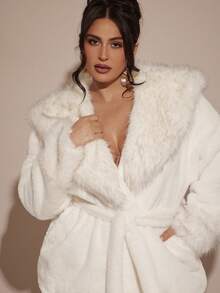 SHEIN BAE Chaqueta elegante y con textura suave para mujer de talla grande, para otoño/invierno - Beis - Ver 3