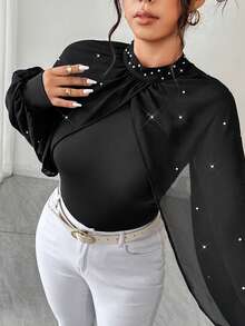 Elenzga 大码女式奢华派对雪纺泡泡袖串珠装饰修身黑色紧身衣 - 黑色 - 查看 7