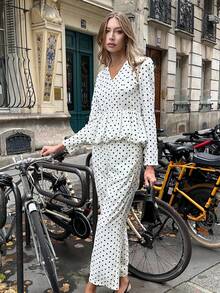 Chiquease 2件套女士波尔卡圆点套装，长袖套装，秋季 - 白色 - 查看 3