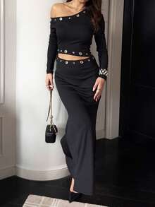 SHEIN Unity Damen Schwarzes Maxikleid mit langen Ärmeln, asymmetrischer Schulter, Ausschnitt-Taille und Fischschwanz-Saum, Ösen-Ausschnitt-Design, Y2K Punk Stil, modisch, sexy, geeignet für Party, Nachtclub, Straße, Musikfestival, bequem, dehnbar, weich, Herbst - Schwarz - Übersicht 7