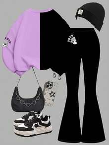 SHEIN Leap Crew 2pcs/Set Tween Girls Streetwear Contrast Color Purple & Black, K-POP Cartoon Girl Graphic Thick Soft Comfortable Loose Crew Neck Long Sleeve Sweatshirt And Flare Pants, Suitable For Autumn Daily, Streetwear, Campus, Autumn & Winter Outfits - Multicolor - View 2