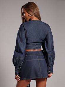 NYA SZN 上衣长袖超大牛仔短款裹身领带细节日常休闲商务休闲办公室教师端庄教堂夜间外出秋冬适合女性通勤服装 - 深色水洗藍 - 查看 2