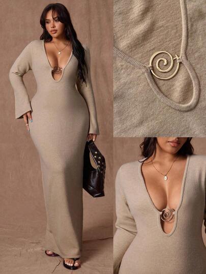 Rustia 性感V领前环装饰长袖针织连衣裙